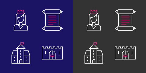 Set line Medieval castle gate, Castle, fortress, Decree, parchment, scroll and Princess icon. Vector