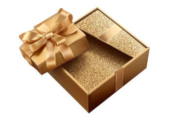 golden gift box with ribbon, PNG transparent