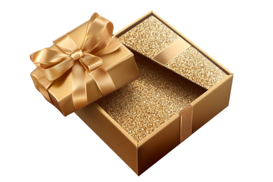 golden gift box with ribbon, PNG transparent