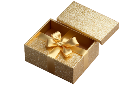 golden gift box with ribbon, PNG transparent