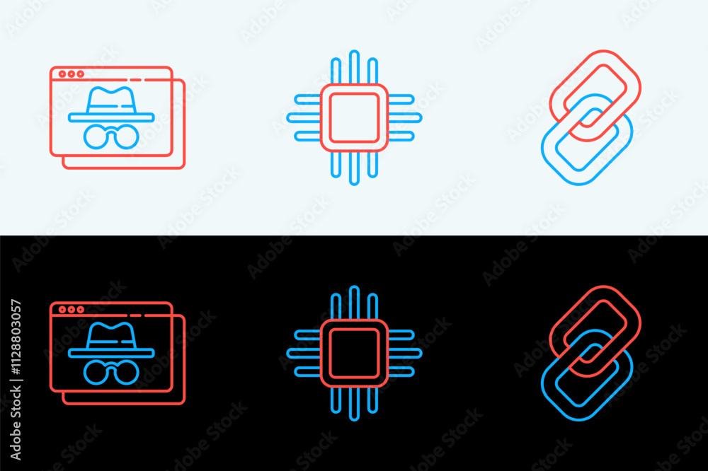 Poster set line chain link, browser incognito window and processor with microcircuits cpu icon. vector