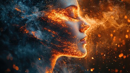 Fiery woman's face profile engulfed in smoke and embers.