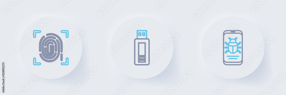 Poster set line system bug on mobile, usb flash drive and fingerprint icon. vector