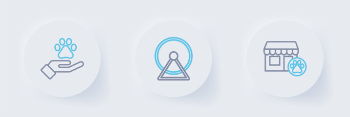 Set line Veterinary hospital, Hamster wheel and Hands with animals footprint icon. Vector