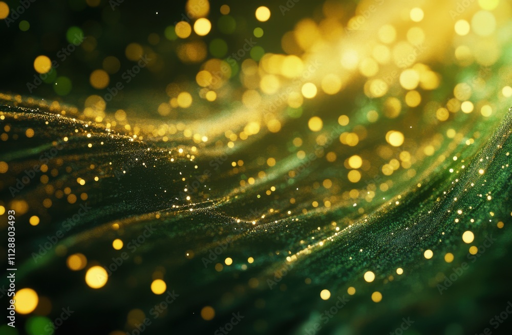 Poster Green and gold abstract background with shimmering light effects, creating a charming atmosphere. This style is suitable for various design projects that need to convey a sense of glamour and elegance