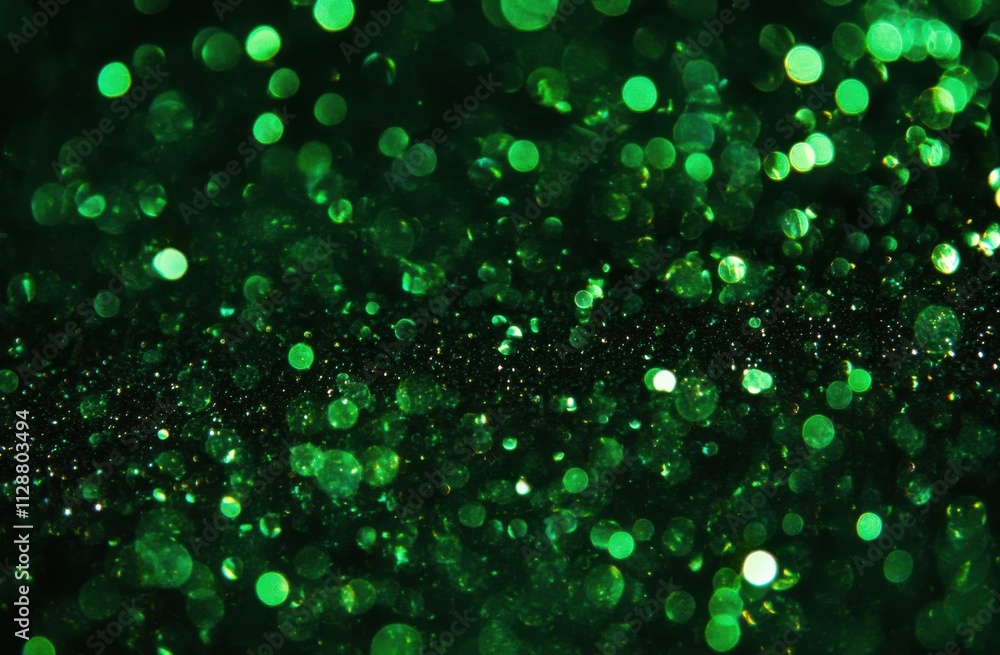 Poster A green glittery background with shimmering green particles in the air against a black backdrop, creating a glowing and shiny effect.