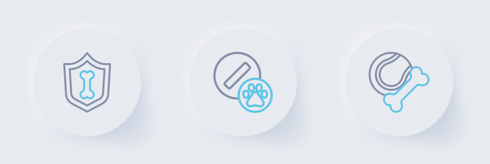 Set line Pet toys bone rubber and ball, Dog pill and Animal health insurance icon. Vector