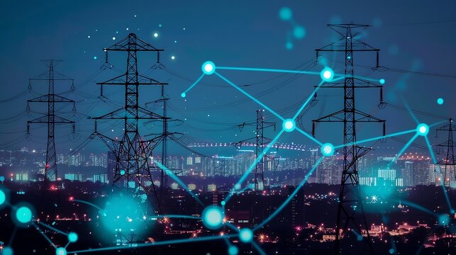 Smart City Power Grid:  Nighttime View of a Modern City's Electrical Infrastructure with Digital Network Overlay