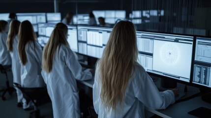 Several researchers dressed in white coats work on high-tech monitors in a laboratory analyzing complex data and conducting scientific studies for innovative advancements.
