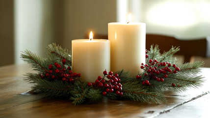 A serene arrangement of two white candles surrounded by evergreen foliage and red berries, creating a festive ambiance.