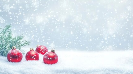 Christmas background with red Christmas ornaments and snowflakes on a white background, snow effect, Christmas decoration, snow-covered pine branches.