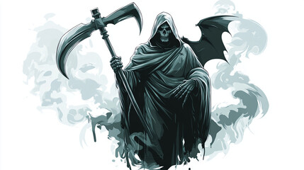 Scary horror grim reaper with scythe angle of death background