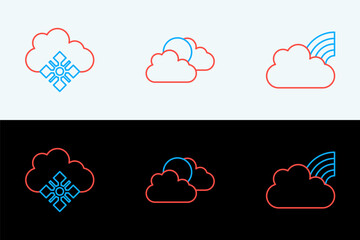 Set line Rainbow with clouds, Cloud snow and Sun and weather icon. Vector