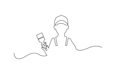 Continuous one line drawing of worker painting with roller brush, Continuous one line drawing of young handyman painting the wall using roller stick.