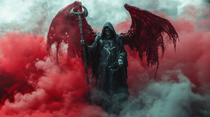 Scary horror grim reaper with scythe angle of death background