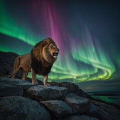 A lion roaring atop a rocky cliff, with the aurora borealis lighting up the sky behind it.  