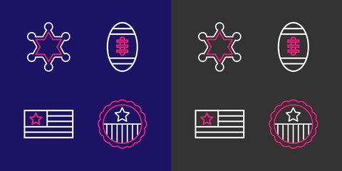 Set line Medal with star, American flag, Football ball and Hexagram sheriff icon. Vector