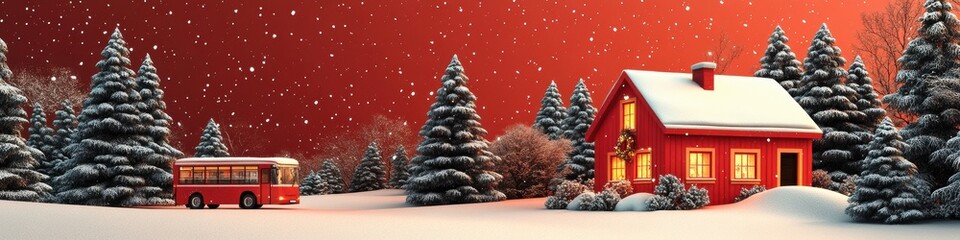 Obraz premium Winter Night banner with Red Truck and Festively Lit House, Snowy Landscape at Dusk