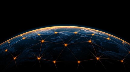 Fiber optic data system concept. A digital globe with illuminated network connections, representing global connectivity and technology advancements in a dark background.