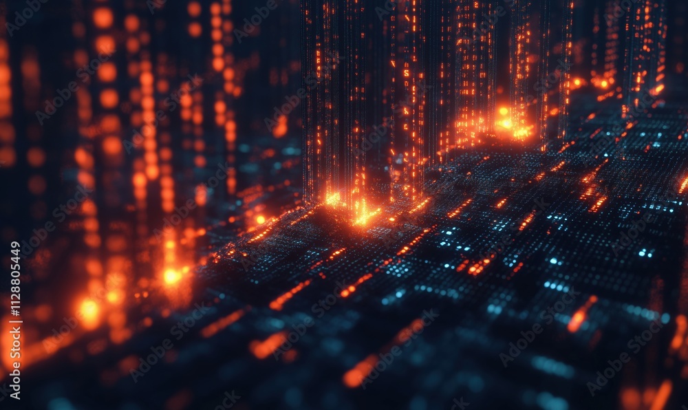 Poster digital data stream with glowing binary code, vibrant colors, abstract representation of technology 