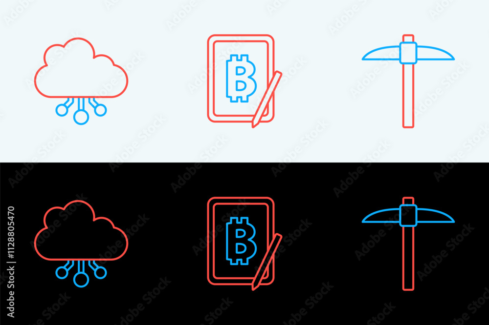Poster set line pickaxe, cryptocurrency cloud mining and mining bitcoin from tablet icon. vector