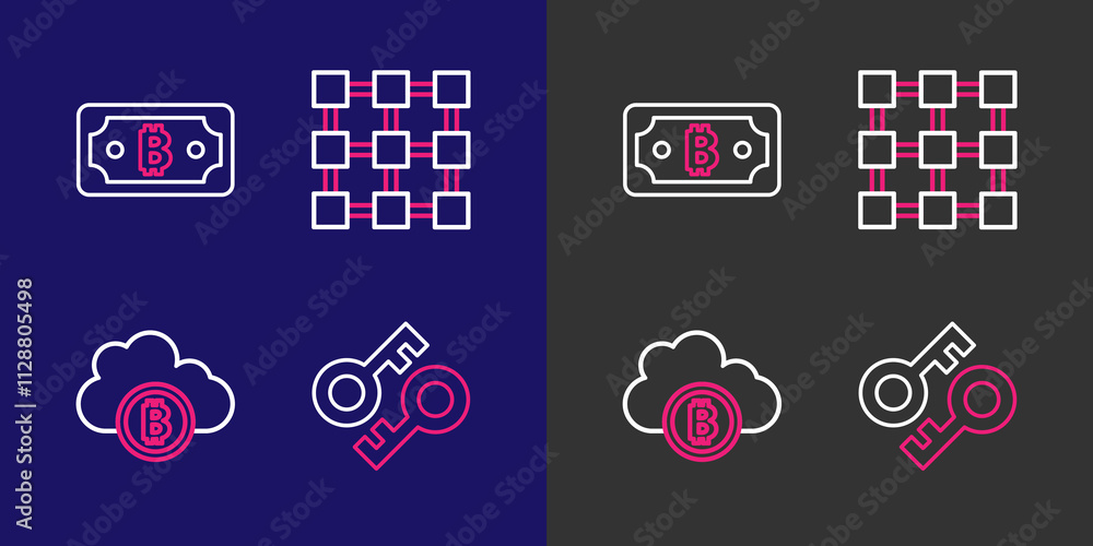 Poster set line cryptocurrency key, cloud mining, blockchain technology and bitcoin icon. vector