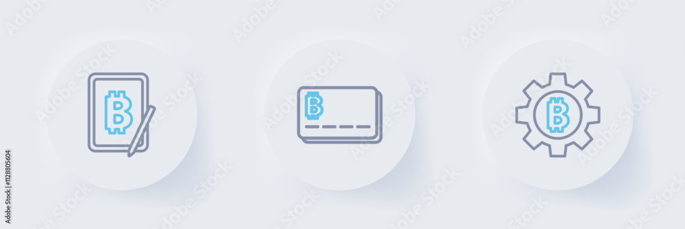 Poster set line cryptocurrency coin bitcoin, credit card with bitcoin and mining from tablet icon. vector