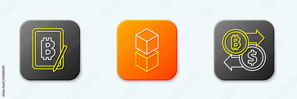 Poster set line mining bitcoin from tablet, blockchain technology and cryptocurrency exchange icon. vector