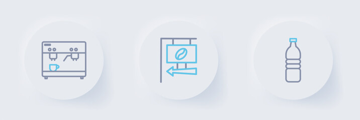 Set line Bottle of water, Street signboard coffee and Coffee machine icon. Vector