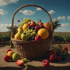 Draw a fruit basket with surreal elements.  