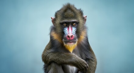 Fototapeta premium Captivating portrait of a mandrill monkey with vibrant facial markings in natural habitat