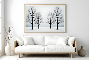 Bare trees in a winter landscape, framed and displayed on a wall above a wooden sofa with white cushions in a minimalist living room setting