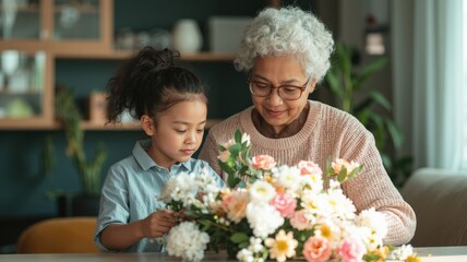 Natural Wellness, Mindfulness, and Longevity in Harmony. A heartwarming scene of a grandmother and granddaughter creating a floral arrangement together, showcasing their bond and creativity.