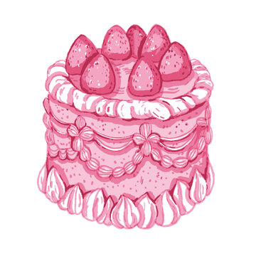Pink vintage cake, vector watercolor hand drawn strawberry dessert, romantic bento pie sweet bakery. Valentine Day party tasty food, retro cupcake groovy illustration, birthday pastry. Vintage cake