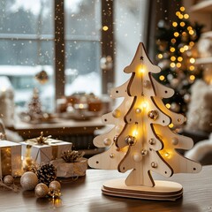 Christmas cozy environment,  white and gold, softly glowing string lights.