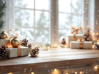 Christmas cozy environment,  white and gold, softly glowing string lights.