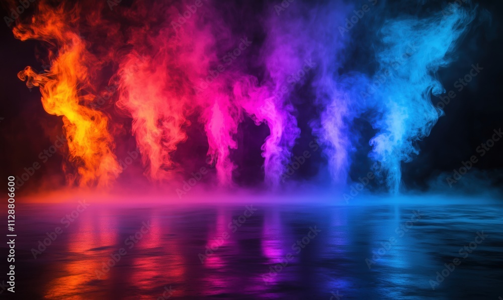 Poster colorful smoke swirls in vibrant hues, creating dynamic visual effects. background features reflecti