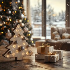 Christmas cozy environment,  white and gold, softly glowing string lights.