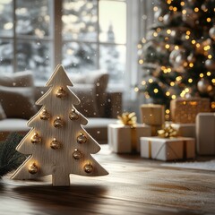 Christmas cozy environment,  white and gold, softly glowing string lights.