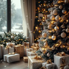 Christmas cozy environment,  white and gold, softly glowing string lights.