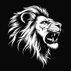 Roaring lion head, monochrome profile, detailed mane, fierce expression, black background.