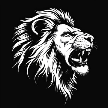 Naklejki Roaring lion head, monochrome profile, detailed mane, fierce expression, black background.