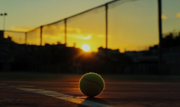 Tennis ball sunset silhouette, vibrant orange sky, tennis court, net in background, serene atmosphere, evening light - Powered by Adobe