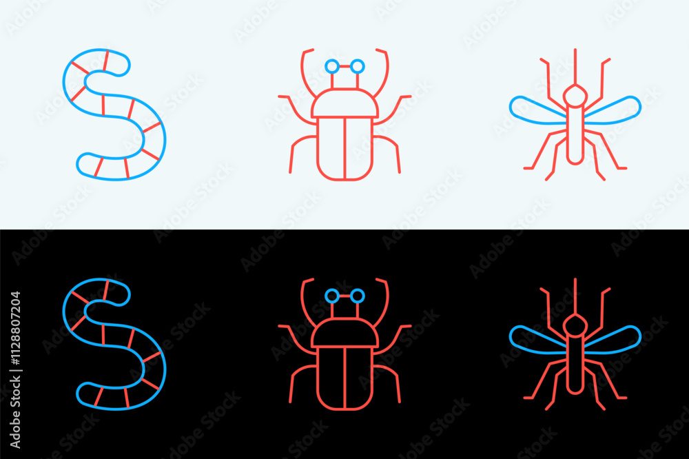 Poster set line mosquito, worm and stink bug icon. vector