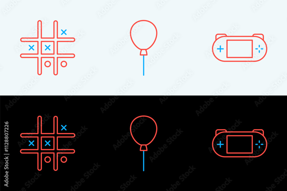 Poster set line portable video game console, tic tac toe and balloons with ribbon icon. vector