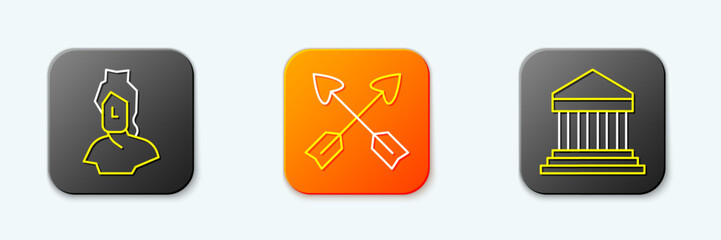 Set line Ancient bust sculpture, Crossed arrows and Parthenon icon. Vector