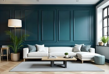 A modern living room with a large white sectional sofa, a wooden coffee table, and a potted plant