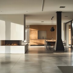 Fototapeta premium Interior panorama: Open kitchen and stylish fireplace in a large room