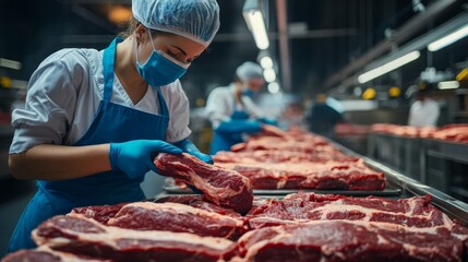 Meat Processing Plant Worker Handling Raw Beef