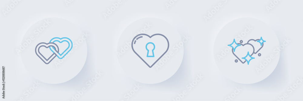 Poster set line two linked hearts, with keyhole and icon. vector